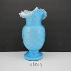 Antique Victorian Blue Cased Glass Honeycomb Quilted Optic Vase 10.5