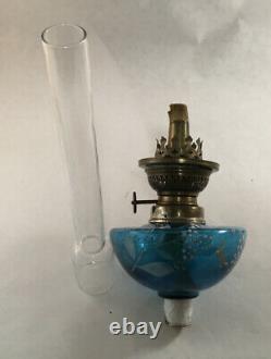 Antique Victorian Blue Enamel Painted Art Glass Peg Lamp Oil Lamp Font