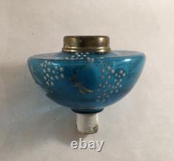 Antique Victorian Blue Enamel Painted Art Glass Peg Lamp Oil Lamp Font