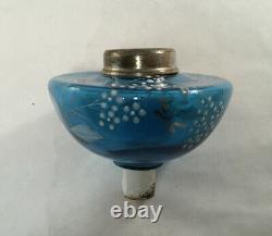 Antique Victorian Blue Enamel Painted Art Glass Peg Lamp Oil Lamp Font