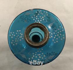 Antique Victorian Blue Enamel Painted Art Glass Peg Lamp Oil Lamp Font