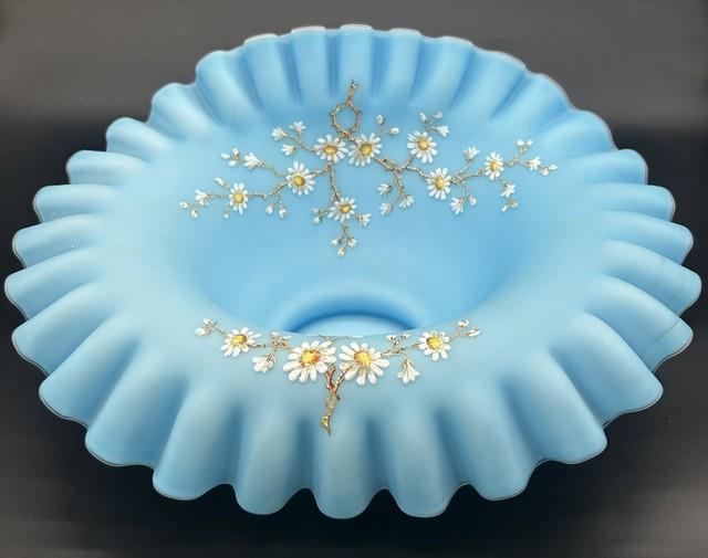 Antique Victorian Blue Enameled Satin Art Glass Brides Bowl