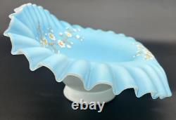 Antique Victorian Blue Enameled Satin Art Glass Brides Bowl Antique Victorian Blue Enameled Satin Art Glass Brides Bowl