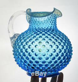 Antique Victorian Blue Hobnail Glass Pitcher Reeded Handle Northwood Hobbs