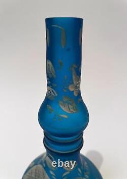 Antique Victorian Blue Satin Glass Vase Rose Water Sprinkler Bottle Hand Painted