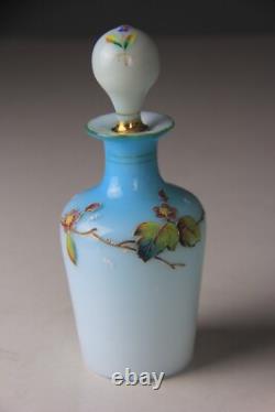 Antique Victorian Blue to White Art Glass Perfume Bottle with Enameled Decoration