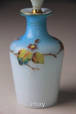Antique Victorian Blue to White Art Glass Perfume Bottle with Enameled Decoration