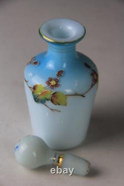 Antique Victorian Blue to White Art Glass Perfume Bottle with Enameled Decoration