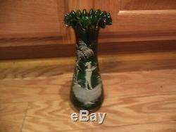 Antique Victorian Bohemian 19th C Green Art Glass HP Mary Gregory Vase 8