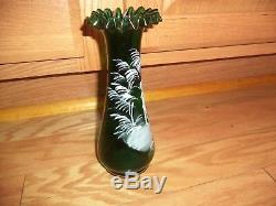 Antique Victorian Bohemian 19th C Green Art Glass HP Mary Gregory Vase 8