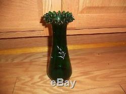 Antique Victorian Bohemian 19th C Green Art Glass HP Mary Gregory Vase 8