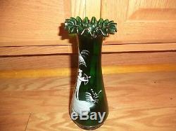 Antique Victorian Bohemian 19th C Green Art Glass HP Mary Gregory Vase 8