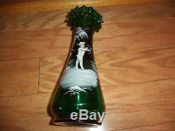 Antique Victorian Bohemian 19th C Green Art Glass HP Mary Gregory Vase 8