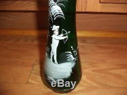 Antique Victorian Bohemian 19th C Green Art Glass HP Mary Gregory Vase 8