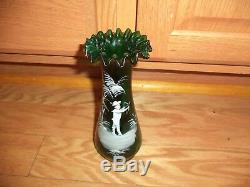 Antique Victorian Bohemian 19th C Green Art Glass HP Mary Gregory Vase 8