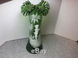 Antique Victorian Bohemian 19th C Green Art Glass HP Mary Gregory Vase 9
