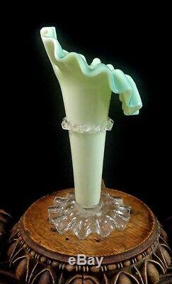 Antique Victorian Bohemian Cased Citron Blue JIP Art Glass Vase Applied Rigaree