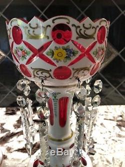 Antique Victorian Bohemian Cut To Clear Cranberry Glass Mantle Lusters 11.5