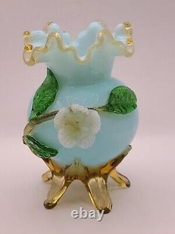 Antique Victorian Bohemian Harrach Blue Art Glass Vase Applied Opalescent Flower