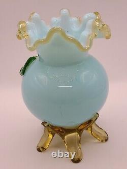 Antique Victorian Bohemian Harrach Blue Art Glass Vase Applied Opalescent Flower