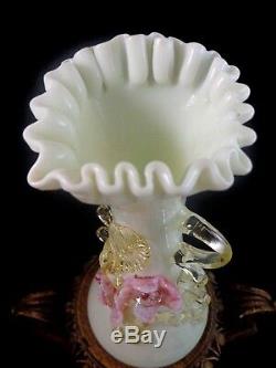 Antique Victorian Bohemian Harrach Custard Applied Floriform Art Glass Vase UV+