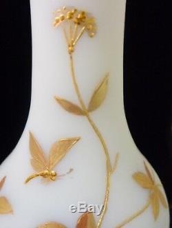 Antique Victorian Bohemian Harrach Custard Hand Painted DRAGONFLY Art Glass Vase