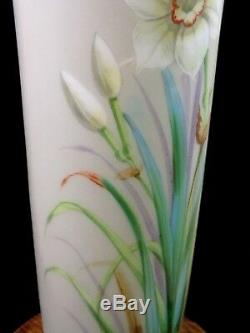Antique Victorian Bohemian Harrach Hand Painted NARCISSUS Floral Art Glass Vase