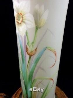 Antique Victorian Bohemian Harrach Hand Painted NARCISSUS Floral Art Glass Vase