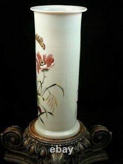 Antique Victorian Bohemian Harrach Opal Hand Painted Enamel POPPY Art Glass Vase