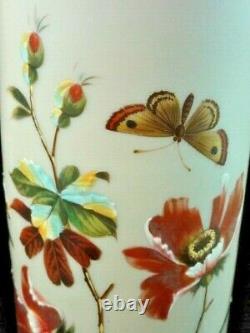 Antique Victorian Bohemian Harrach Opal Hand Painted Enamel POPPY Art Glass Vase