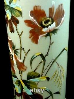 Antique Victorian Bohemian Harrach Opal Hand Painted Enamel POPPY Art Glass Vase