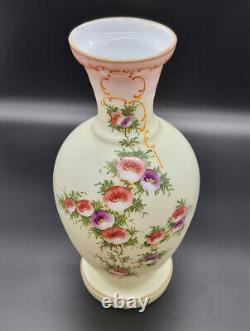 Antique Victorian Bohemian Harrach Opaline Custard Enameled Glass Bulb Vase/xix