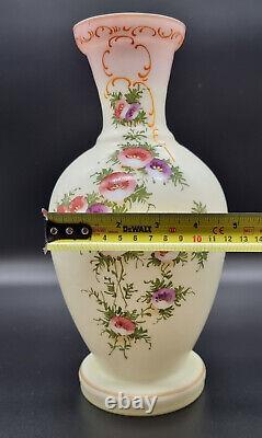 Antique Victorian Bohemian Harrach Opaline Custard Enameled Glass Bulb Vase/xix