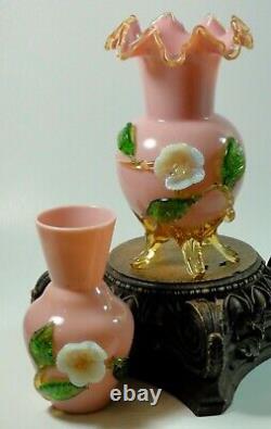 Antique Victorian Bohemian Harrach Pink Art Glass Vase Applied Opalescent Flower