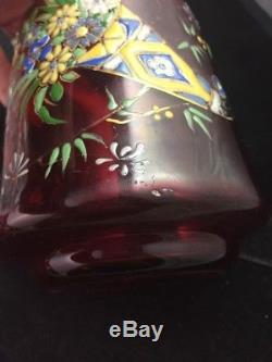 Antique Victorian Bohemian Moser Cranberry Glass Enamel Flowers 9 1/4 Decanter
