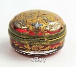 Antique Victorian Bohemian Moser Czech Hand Painted Cranberry Glass Pill Box
