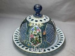 Antique Victorian Bohemian Moser Glass White Cut To Blue Overlay Cheese Dish