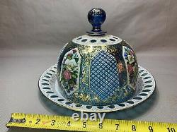 Antique Victorian Bohemian Moser Glass White Cut To Blue Overlay Cheese Dish