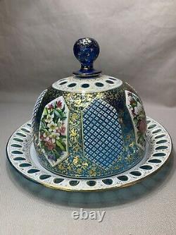Antique Victorian Bohemian Moser Glass White Cut To Blue Overlay Cheese Dish