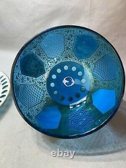 Antique Victorian Bohemian Moser Glass White Cut To Blue Overlay Cheese Dish