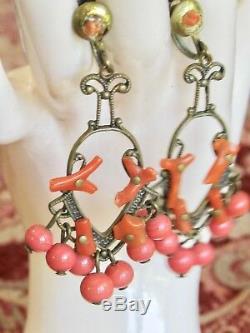Antique Victorian Branch Coral & Art Glass Bead Lacy Brass Screw Back Earrings