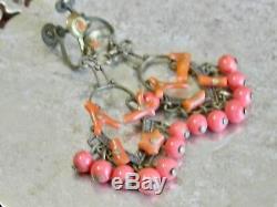 Antique Victorian Branch Coral & Art Glass Bead Lacy Brass Screw Back Earrings