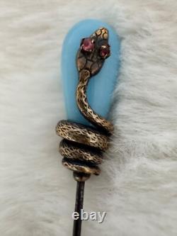 Antique Victorian Brass/GF Snake and Blue Art Glass Hat Pin