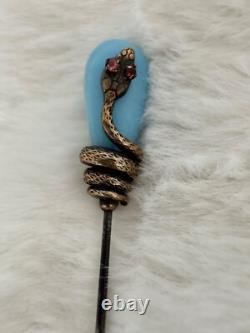 Antique Victorian Brass/GF Snake and Blue Art Glass Hat Pin
