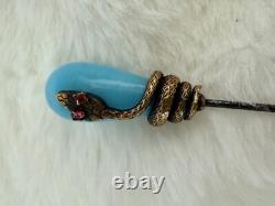 Antique Victorian Brass/GF Snake and Blue Art Glass Hat Pin