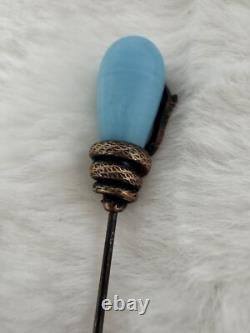 Antique Victorian Brass/GF Snake and Blue Art Glass Hat Pin