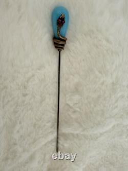 Antique Victorian Brass/GF Snake and Blue Art Glass Hat Pin