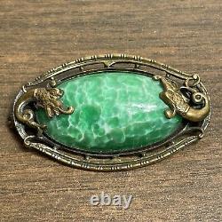 Antique Victorian Brass & Green Art Glass Sea Serpent Dragon Brooch Pin