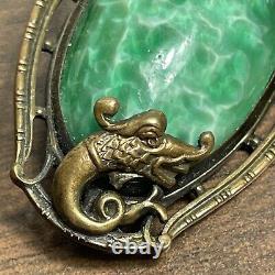 Antique Victorian Brass & Green Art Glass Sea Serpent Dragon Brooch Pin