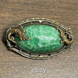 Antique Victorian Brass & Green Art Glass Sea Serpent Dragon Brooch Pin